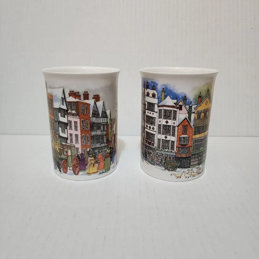 (2) Dunoon Bone China Mugs England Sue Scullard Christmas Time Carriage & Geese